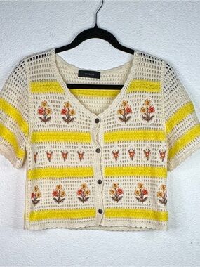 Angel Eye Crocheted Floral Button Cardigan - Cream & Yellow